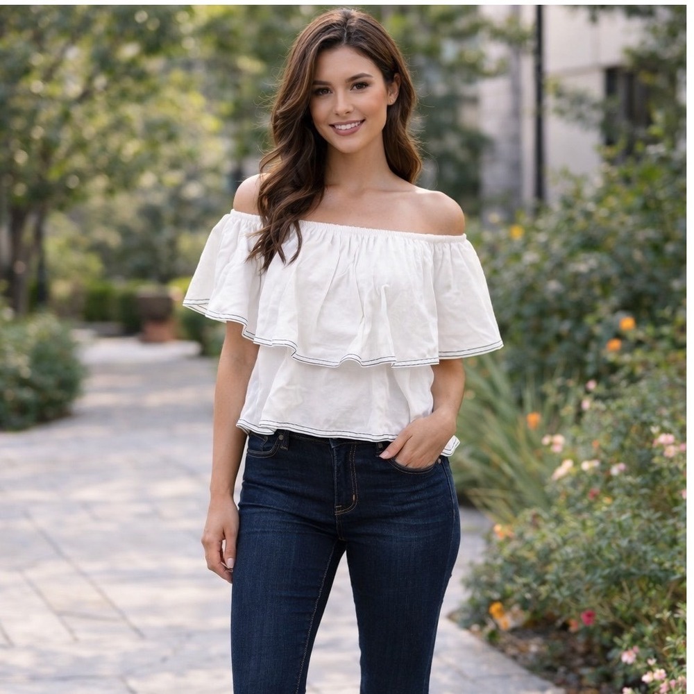 Zara Women's White Flowy Boho Off the Shoulder Ruffle Tiered Blouse Top XS